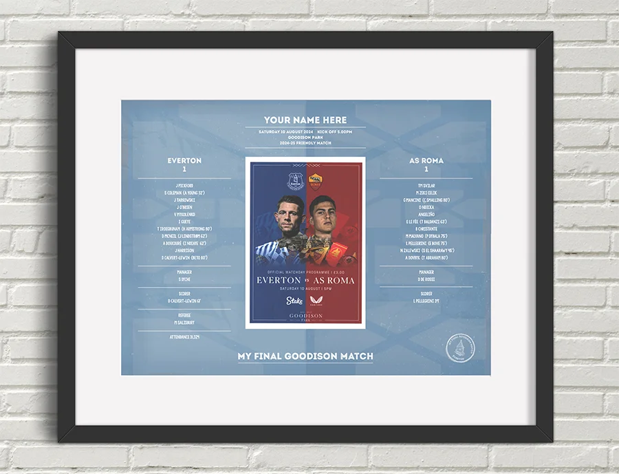 'My Last Match at Goodison' Personalised Souvenir 40cm x 50cm framed/mounted.