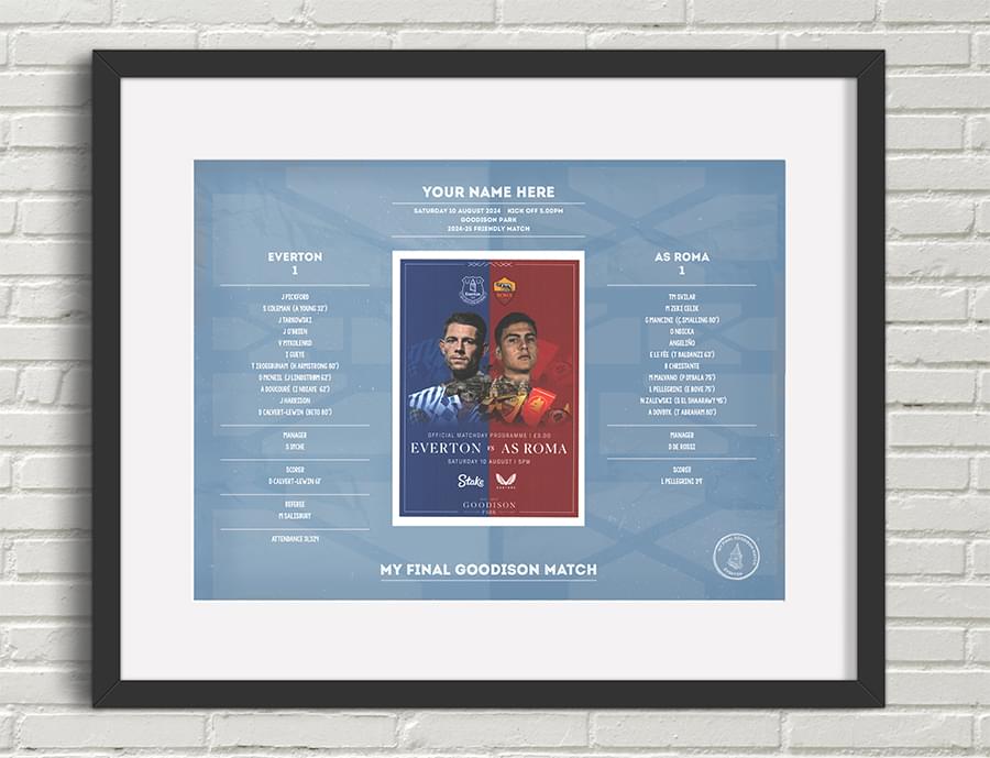 'My Last Match at Goodison' Personalised Souvenir 40cm x 50cm framed/mounted.